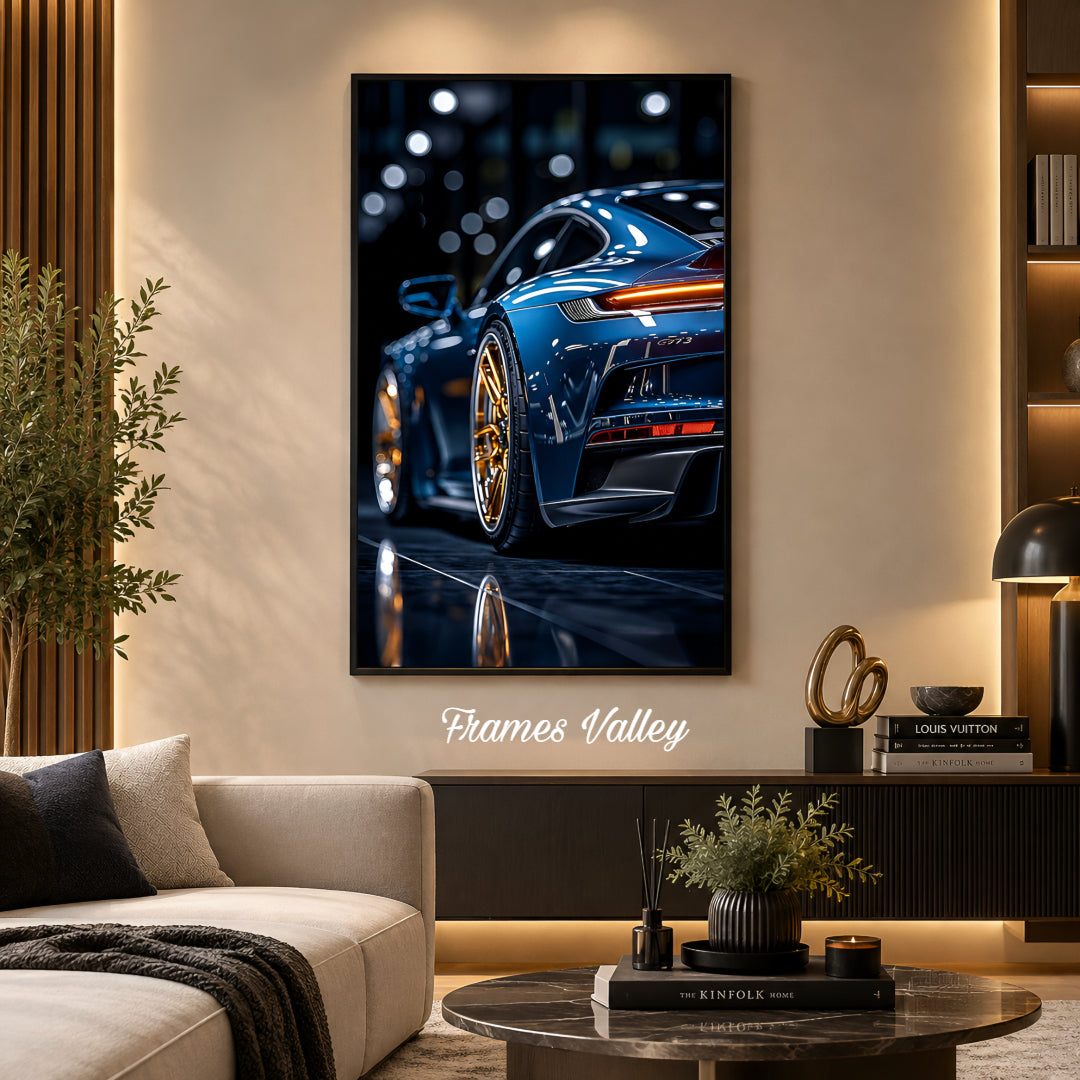 Luxury Sports Car Blue Wall Art for Office and Room Decor