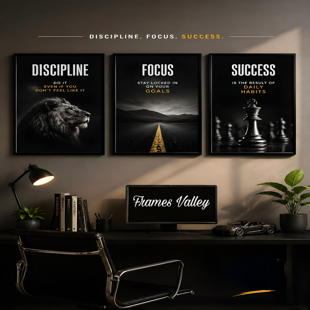 Discipline Focus Success Wall Art Set of 3 – Motivational Office Frames