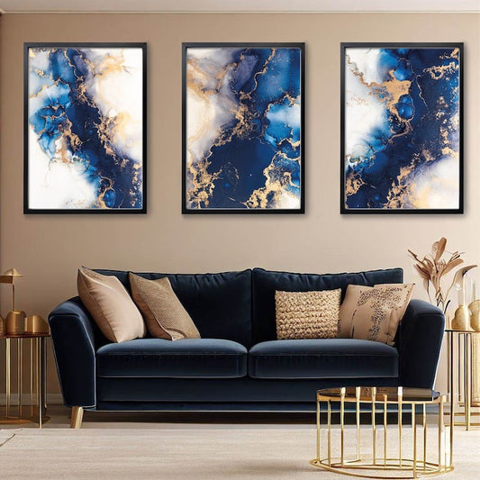 Luxury Abstract Blue & Gold Wall Frame Set of 3 – Modern Marble Art