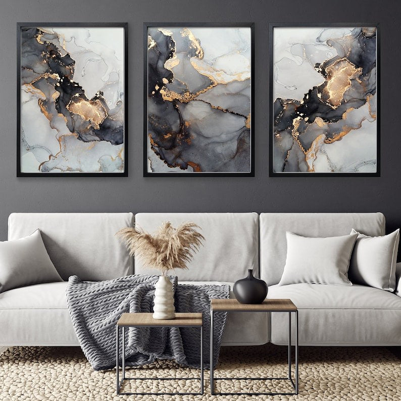 Luxury Abstract Grey & Gold Wall Frame Set of 3