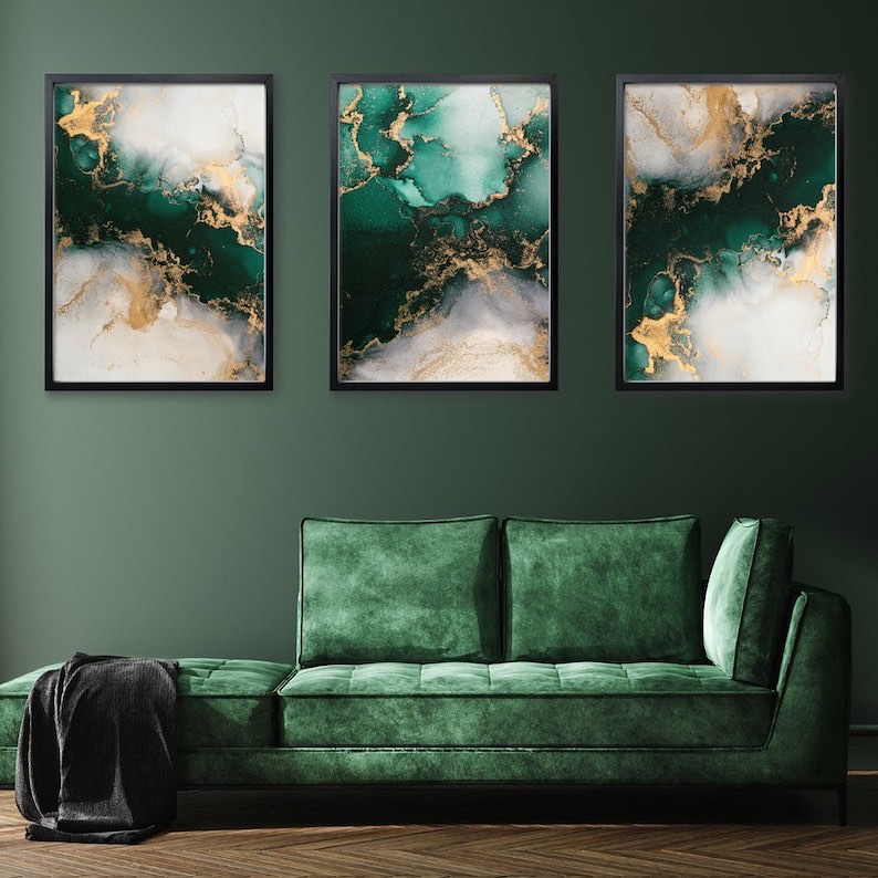 Luxury Abstract Green, White & Gold Wall Frame Set of 3