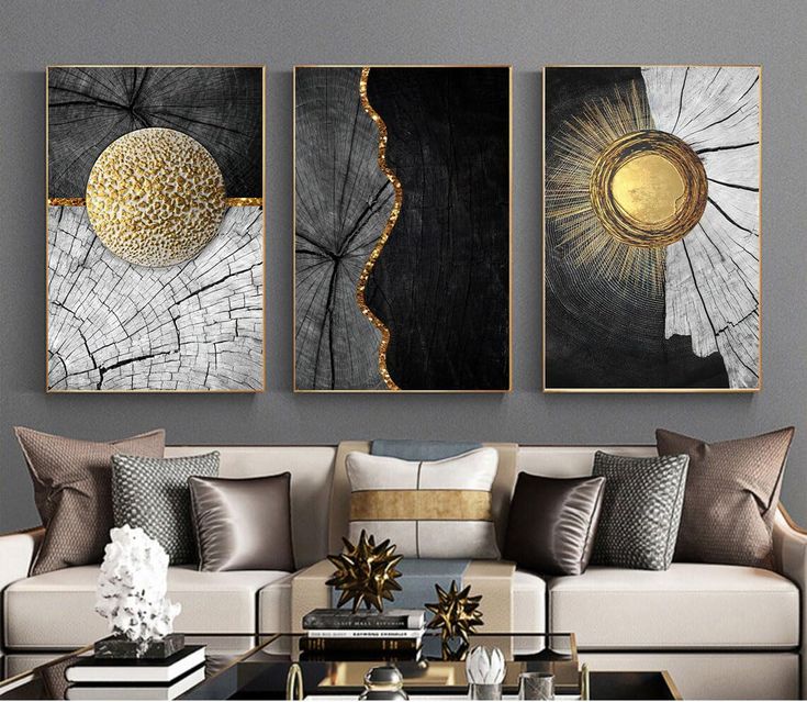 Luxury Black White Gold Abstract Wall Art Set of 3