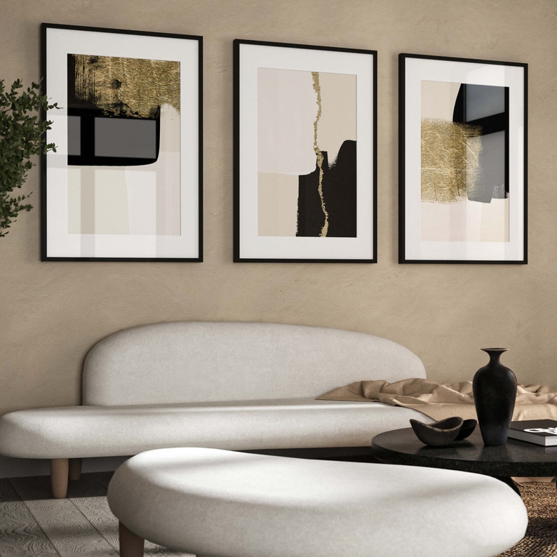 Set of 3 Luxury Framed Gold Foil & Ink Horizon design