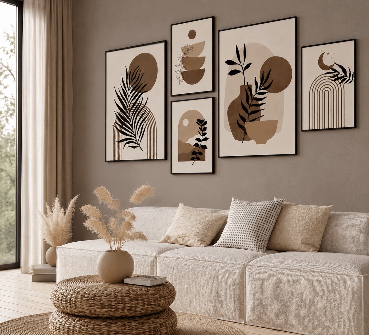 Beige & Brown Digital Boho Gallery Wall Art Set of 5