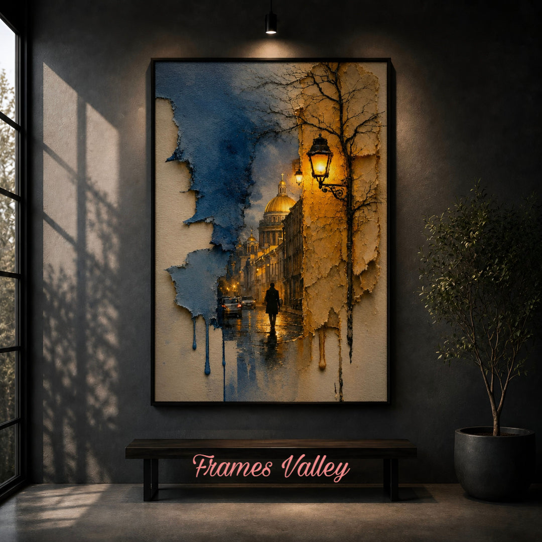 Golden Evening Street Water colour Wall Art Frame for Room Design