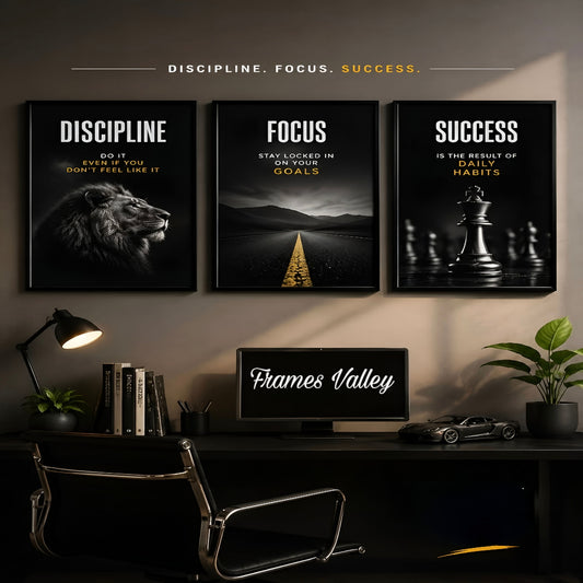 Discipline Focus Success Wall Art Set of 3 – Motivational Office Frames