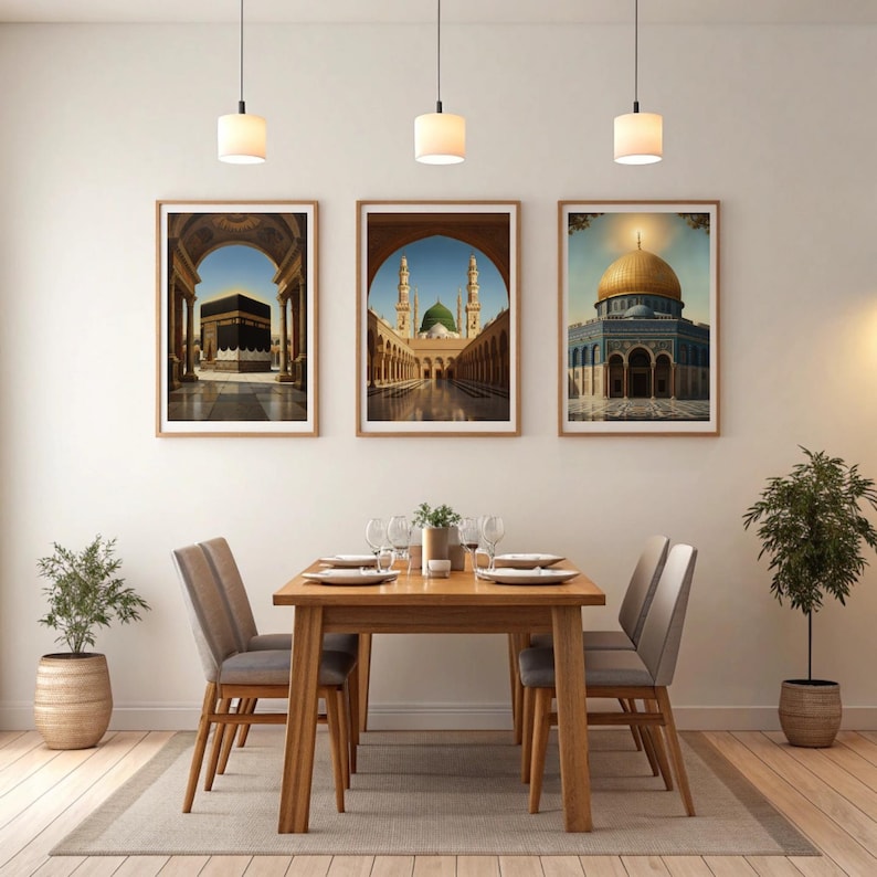 Islamic Holy Places Wall Frame Set of 3 – Kaaba, Masjid an-Nabawi & Al-Aqsa Art