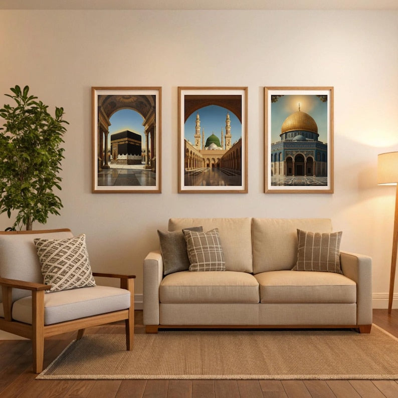 Islamic Holy Places Wall Frame Set of 3 – Kaaba, Masjid an-Nabawi & Al-Aqsa Art