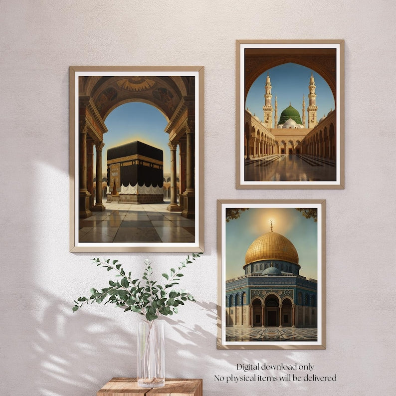 Islamic Holy Places Wall Frame Set of 3 – Kaaba, Masjid an-Nabawi & Al-Aqsa Art
