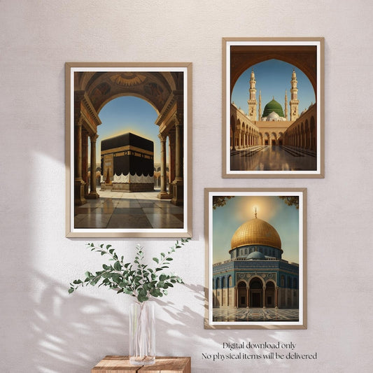 Islamic Holy Places Wall Frame Set of 3 – Kaaba, Masjid an-Nabawi & Al-Aqsa Art
