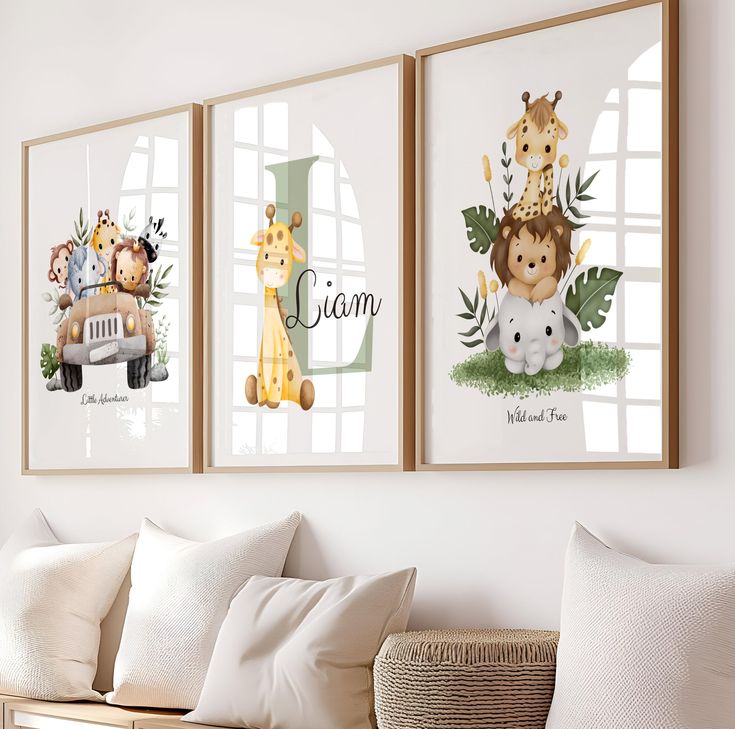 Custom Name Baby Animal Nursery Decor | Set of 3 Safari