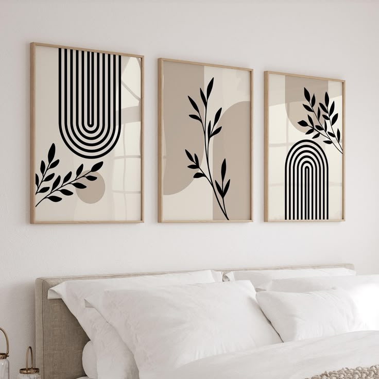 Neutral Beige Black Botanical Wall Art Set of 3