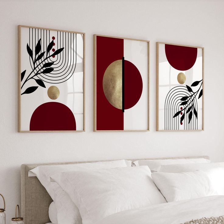 Burgundy Red Gold Geometric Botanical Wall Art Set of 3