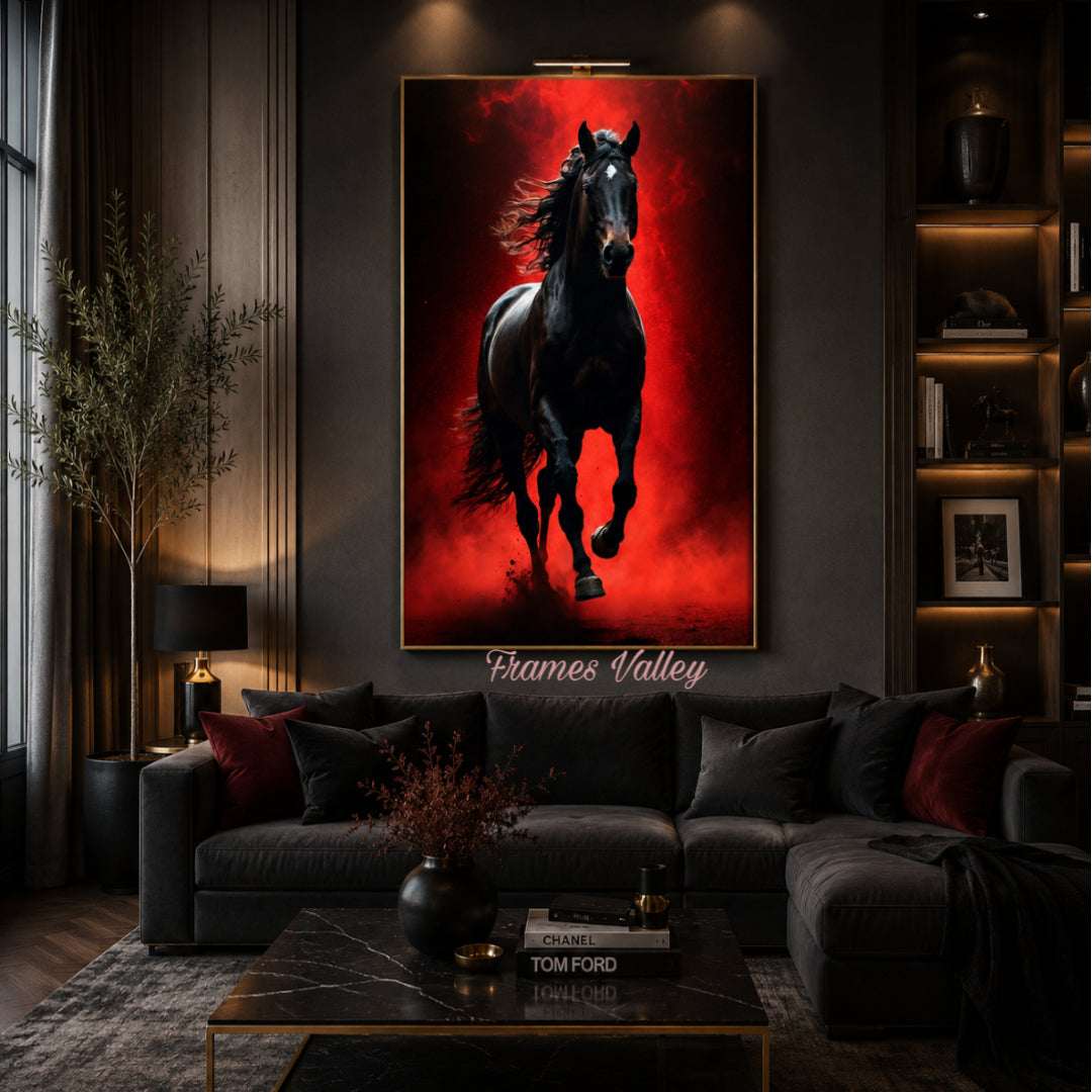Majestic Black Horse in Red Wall Frame