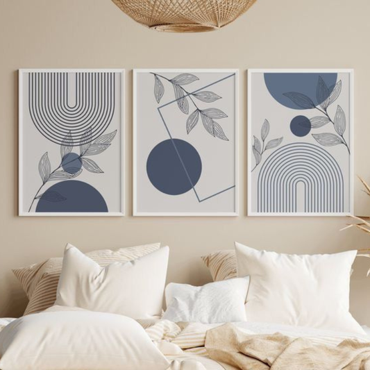 Grey Blue Geometric Botanical Wall Art Set of 3