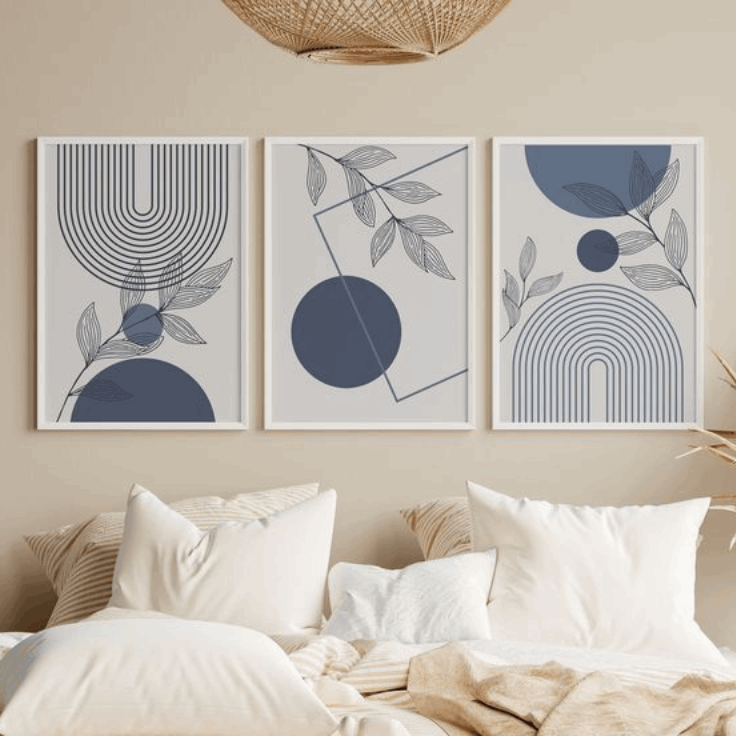Grey Blue Geometric Botanical Wall Art Set of 3