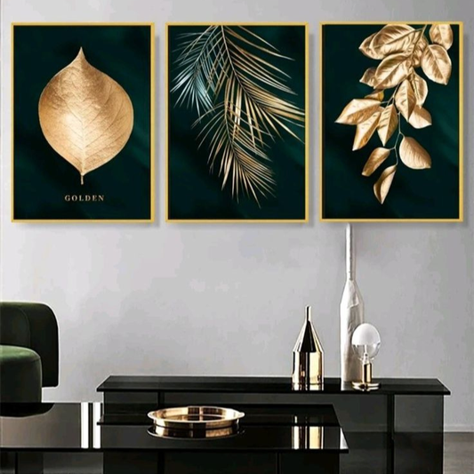 Emerald Green Gold Leaf Wall Art Set of 3