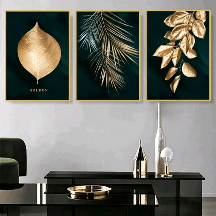 Emerald Green Gold Leaf Wall Art Set of 3