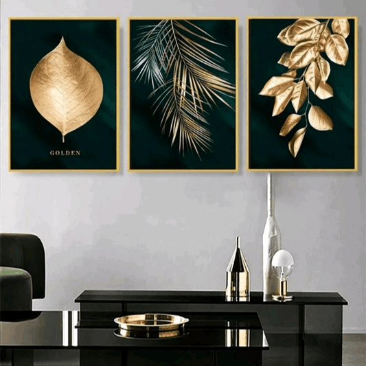 Emerald Green Gold Leaf Wall Art Set of 3