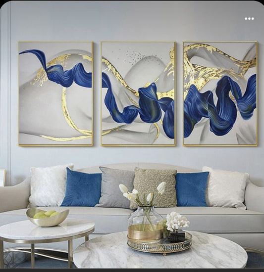 Set of 3 Modern Golden and Blue Luxury Wall Frames