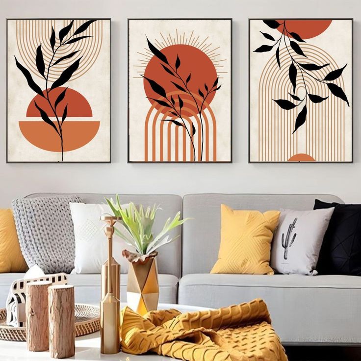 Boho Orange Sun & Leaves Wall Art Set of 3