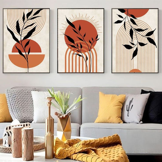 Boho Orange Sun & Leaves Wall Art Set of 3