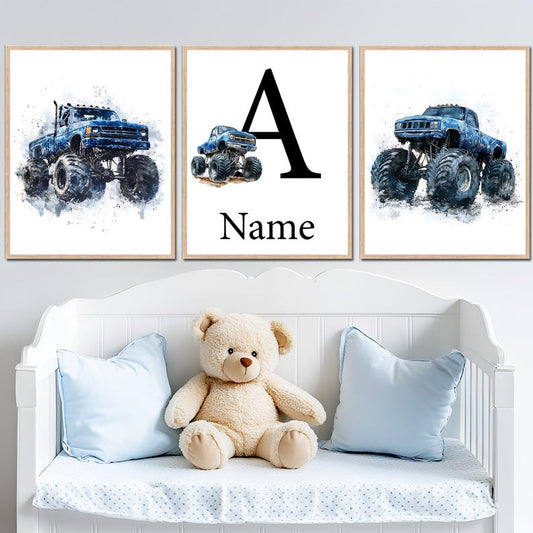 Set of 3 Blue Truck Prints with Custom Name & Initial