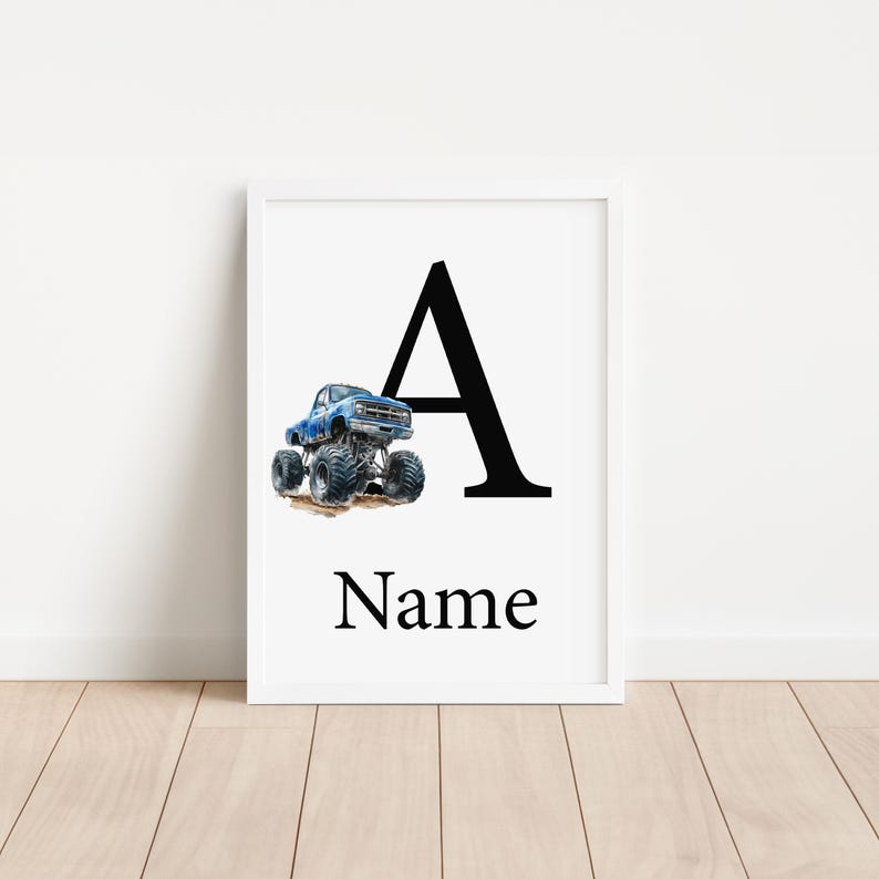 Set of 3 Blue Truck Prints with Custom Name & Initial
